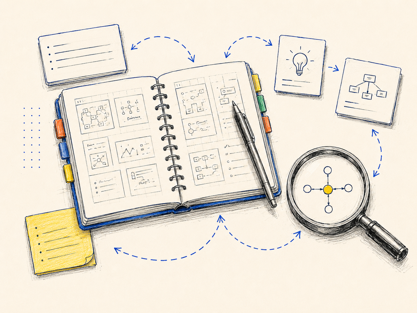 Notebook, magnifier, and loop arrows in cobalt ink on cream paper